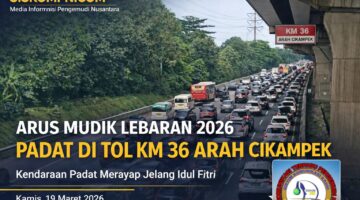 Kondisi arus lalu lintas di KM 36 arah Cikampek tampak padat merayap, dengan antrean kendaraan memenuhi ruas jalan tol. Kepadatan dipicu meningkatnya volume kendaraan pada periode aktivitas menjelang waktu berbuka puasa.