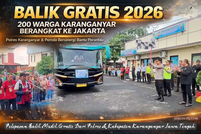 Kapolres Karanganyar AKBP Arman Sahti bersama Bupati Karanganyar Rober Christanto secara resmi melepas keberangkatan program balik gratis 2026 di halaman Mapolres. Keduanya menunjukkan sinergi kuat antara kepolisian dan pemerintah daerah dalam mendukung masyarakat perantau agar kembali bekerja dengan aman, nyaman, serta penuh harapan menuju Jakarta.