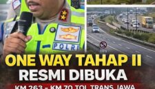 Penerapan one way tahap II di Tol Trans Jawa resmi dibuka untuk mengurai lonjakan arus balik Lebaran 2026. Korlantas Polri memprioritaskan kendaraan menuju Jakarta agar perjalanan lebih lancar, aman, dan terkendali di tengah meningkatnya volume lalu lintas.
