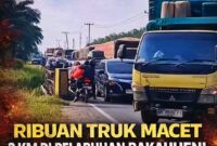 Kemacetan panjang kendaraan logistik menuju Pelabuhan Bakauheni mencapai sekitar 2 kilometer. Ribuan truk tertahan berjam-jam, menyebabkan antrean padat dan menghambat distribusi barang serta aktivitas transportasi di jalur utama tersebut.