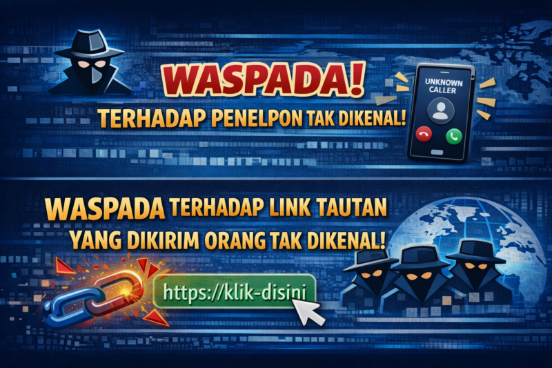Banner ini bertujuan meningkatkan kewaspadaan masyarakat terhadap kejahatan digital, khususnya penipuan melalui telepon dari nomor tak dikenal serta penyebaran link atau tautan berbahaya. Pesan ini mengajak pengguna untuk lebih berhati-hati, melakukan verifikasi, serta tidak mudah percaya demi menjaga keamanan data, komunikasi, dan menghindari kerugian akibat tindakan kriminal digital.