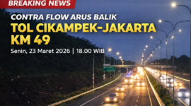 Kondisi arus lalu lintas di Tol Cikampek KM 49 arah Jakarta tampak padat saat sore hari, dengan penerapan contra flow untuk mengurai kepadatan kendaraan yang didominasi mobil pribadi.