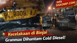 Kondisi mobil Granmax pickup yang terguling usai kecelakaan dengan truk cold diesel di simpang empat Jalan Krakatau, Medan. Warga dan pengemudi turut membantu proses evakuasi di lokasi kejadian.