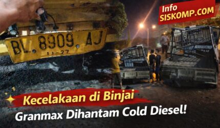 Kondisi mobil Granmax pickup yang terguling usai kecelakaan dengan truk cold diesel di simpang empat Jalan Krakatau, Medan. Warga dan pengemudi turut membantu proses evakuasi di lokasi kejadian.