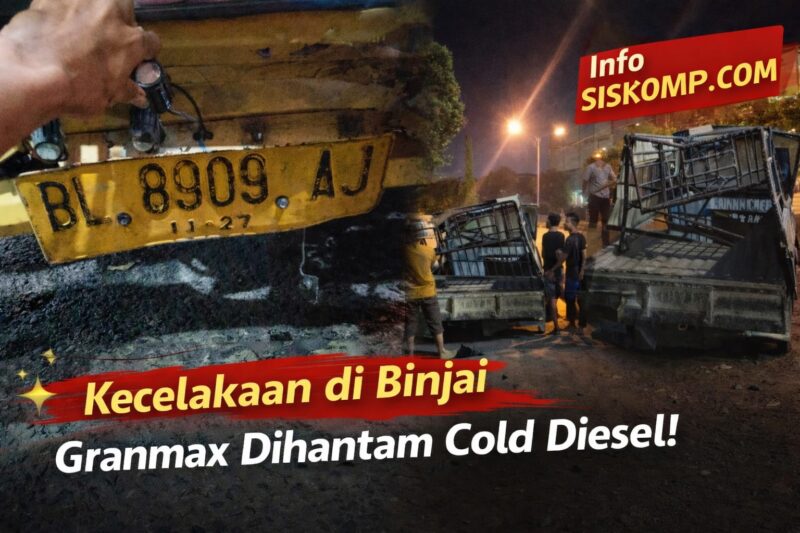 Kondisi mobil Granmax pickup yang terguling usai kecelakaan dengan truk cold diesel di simpang empat Jalan Krakatau, Medan. Warga dan pengemudi turut membantu proses evakuasi di lokasi kejadian.