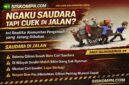 Saudara Tapi Cuek di Jalan?” menampilkan ilustrasi beberapa orang mendorong gerobak dengan peran berbeda, menggambarkan realita solidaritas komunitas pengemudi yang tidak merata, ada yang membantu, ada yang hanya menikmati, dan ada yang menjadi beban.