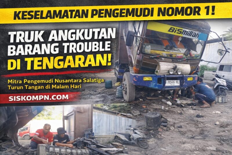 Mitra Pengemudi Nusantara Salatiga bersama mekanik membantu perbaikan truk yang mengalami kendala mesin di wilayah Tengaran, Kabupaten Semarang.