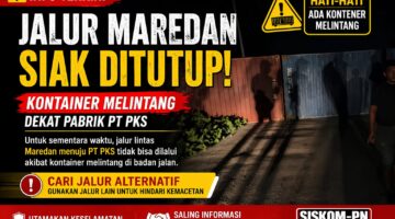 jalur Maredan Siak ditutup akibat kontainer melintang dekat PT PKS, arus lalu lintas terhambat malam hari