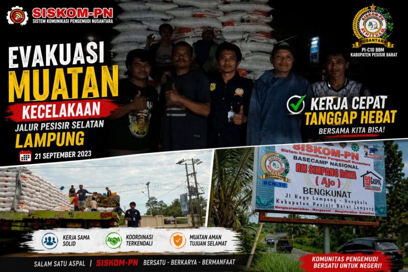 evakuasi muatan kecelakaan Lampung di jalur pesisir selatan menunjukkan respons cepat dan koordinasi solid antar komunitas pengemudi.
