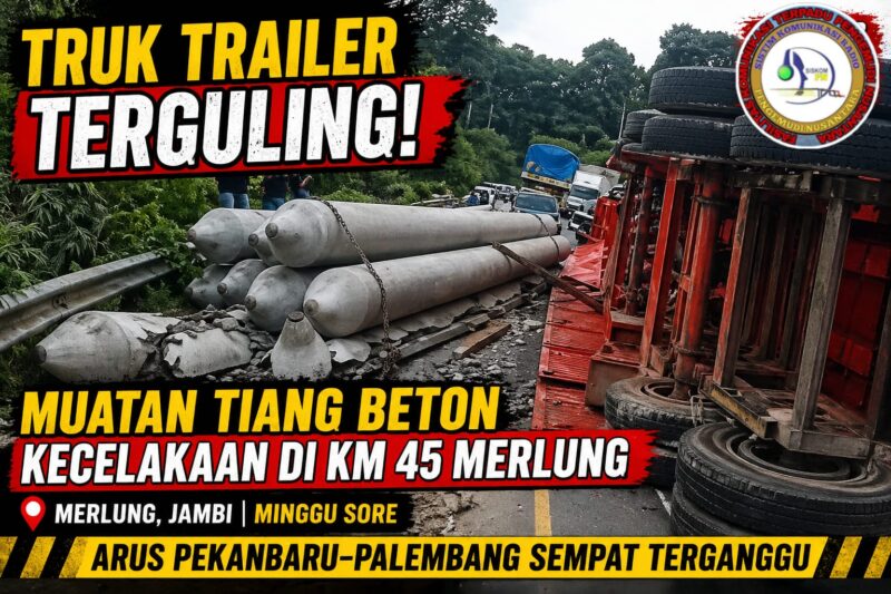 Insiden truk muatan beton terguling hingga menutup badan jalan di merlung jambi