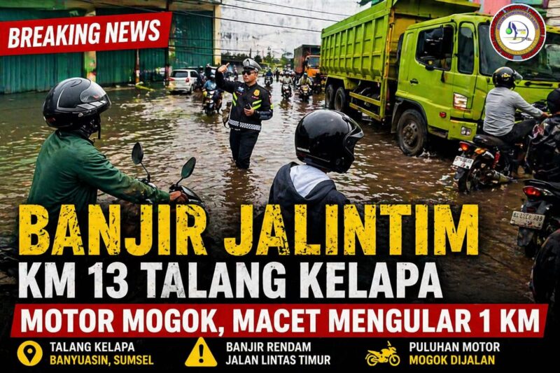 Polisi mengatur arus lalu lintas di tengah banjir Jalintim KM 13 Talang Kelapa, Banyuasin. Genangan air menyebabkan motor mogok dan kemacetan panjang.