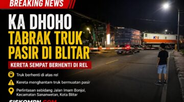 Kereta Api Dhoho menabrak truk bermuatan pasir di perlintasan sebidang Jalan Imam Bonjol, Kota Blitar. Truk sempat berhenti di atas rel hingga menyebabkan kereta berhenti di lokasi kejadian.