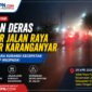 Kondisi hujan deras Jalan Raya Palur Karanganyar saat malam hari, pengendara kurangi kecepatan karena jalan licin