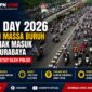 May Day Surabaya 2026 diwarnai pergerakan ribuan buruh menuju Kantor Gubernur Jawa Timur dengan pengawalan aparat dan kondisi lalu lintas padat.