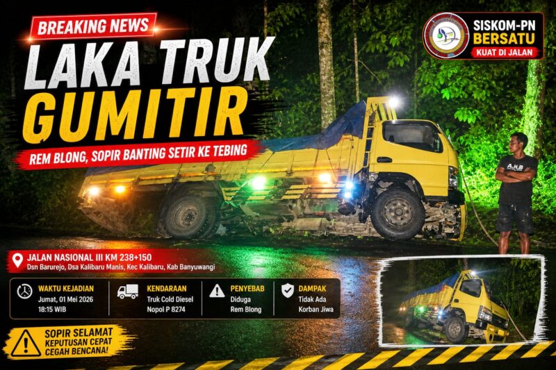 Laka truk Gumitir Banyuwangi akibat rem blong, truk cold diesel menabrak tebing di Jalan Nasional III KM 238 Kalibaru malam hari