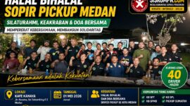 Halal bihalal sopir pickup Medan di Kafe Kanaya, dihadiri puluhan driver dari berbagai komunitas untuk mempererat silaturahmi, kebersamaan, dan solidaritas antar pengemudi.