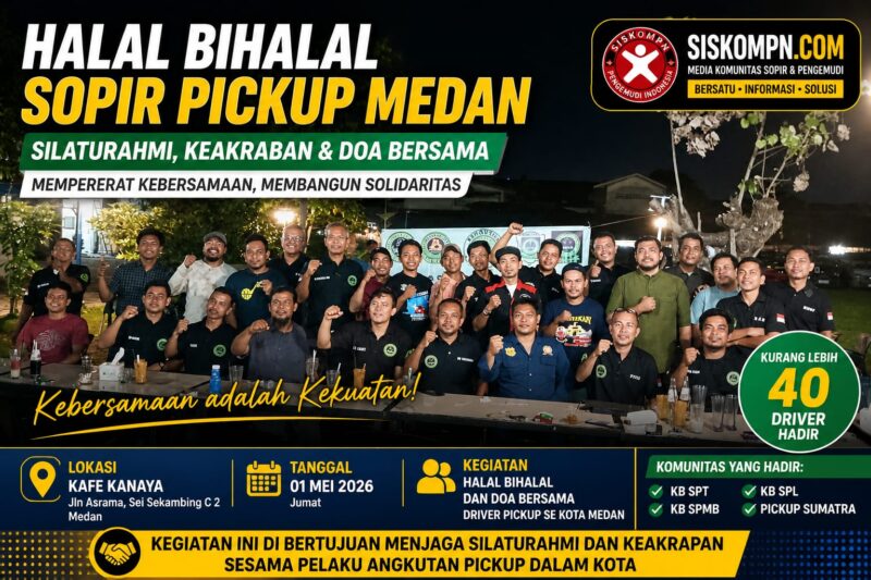 Halal bihalal sopir pickup Medan di Kafe Kanaya, dihadiri puluhan driver dari berbagai komunitas untuk mempererat silaturahmi, kebersamaan, dan solidaritas antar pengemudi.