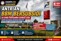 Antrian BBM bersubsidi di SPBU Kandis Siak menyebabkan kendaraan logistik mengular hingga ke jalan.