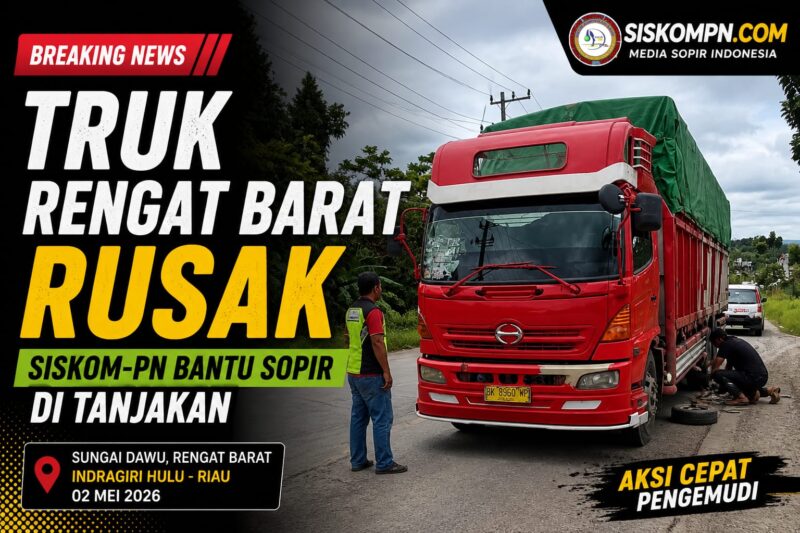 Truk Rengat Barat rusak di tanjakan Sungai Dawu Indragiri Hulu, SISKOM-PN bantu sopir perbaikan kendaraan